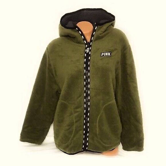PINK Victoria's Secret Jackets & Blazers - VS Pink Reversible Army Olive Green Sherpa Teddy Hooded Sweatshirt XS
